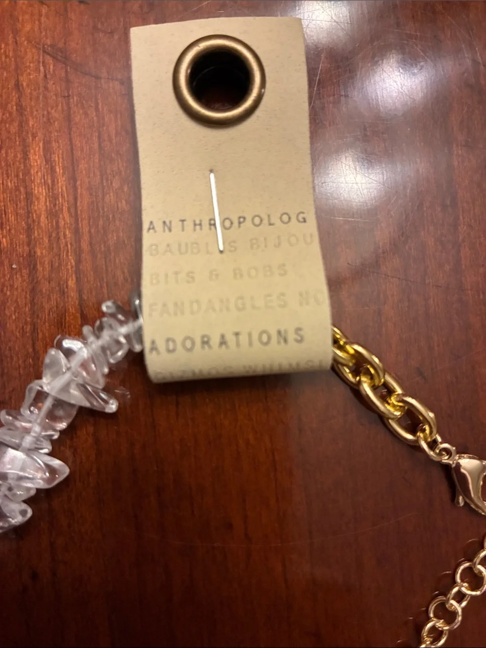 ANTHROPOLOGIE Clear Crystal Rock & Gold Chain Necklace. 14K  Gold Plated. NWT